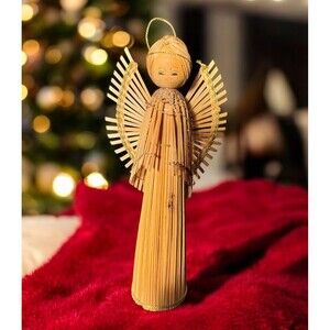 VTG wicker Wood Angel Christmas Ornaments Hand Made 8” Christmas Home Decor 70s